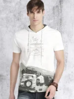 Men White Printed Hooded Pure Cotton T-Shirt