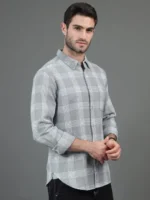Grey & White Slim Fit Checked Button-Down Collar Cotton Casual Shirt