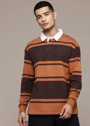 Striped Drop-Shoulder Sleeves Polo Collar T-Shirt