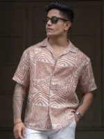 Men Cuban Collar Abstract Printed Oversized Casual Shirt